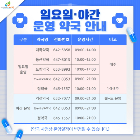 일요일.야간 운영 약국 안내
(약국 사정상 운영일정이 변경되 수 있습니다.)